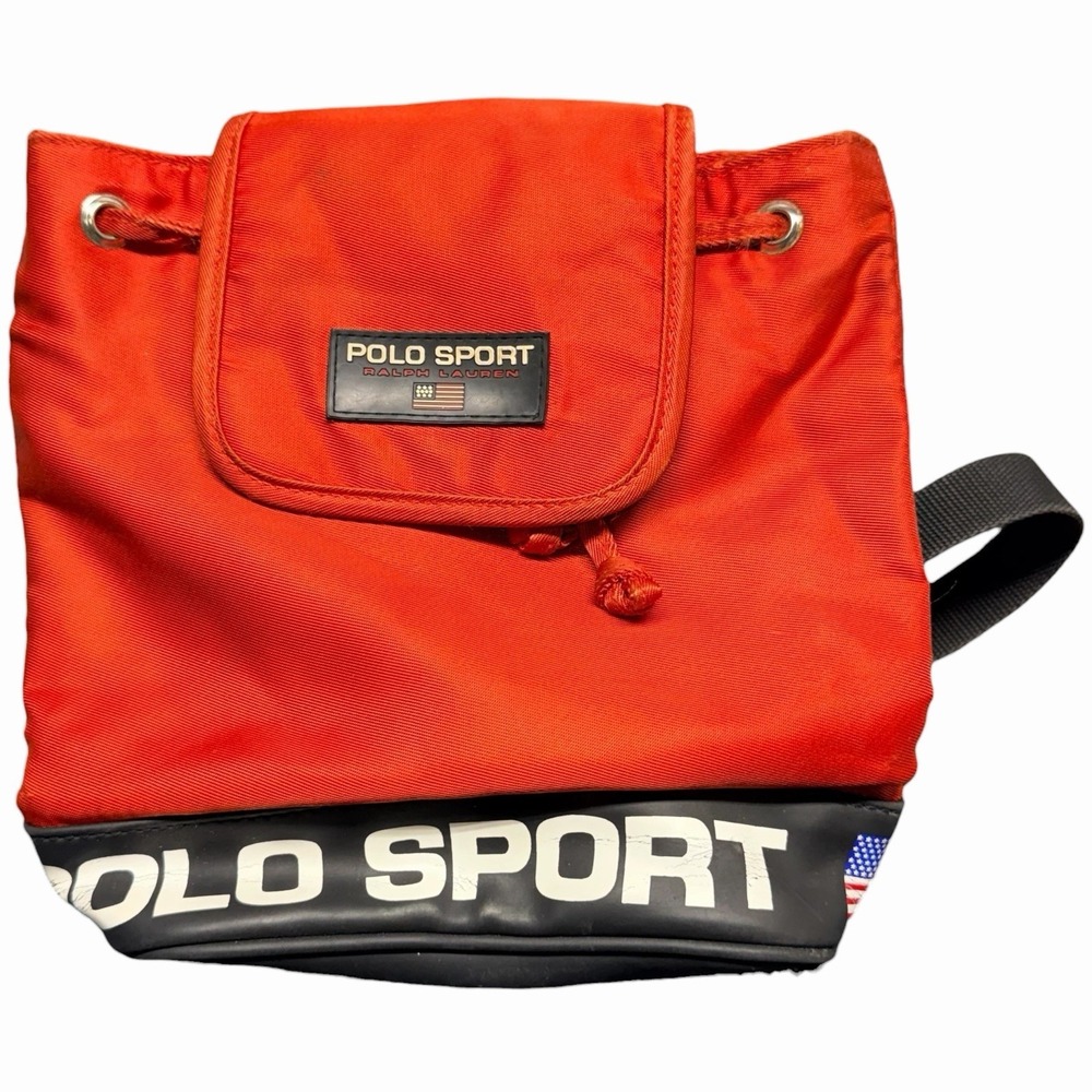 Vintage Polo Sport Ralph Lauren Red Nylon Drawstring Backpack Bag USA Flag